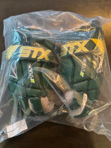 New Player's STX Large Cell V Lacrosse Gloves: GREEN AND YELLOW CUSTOM
