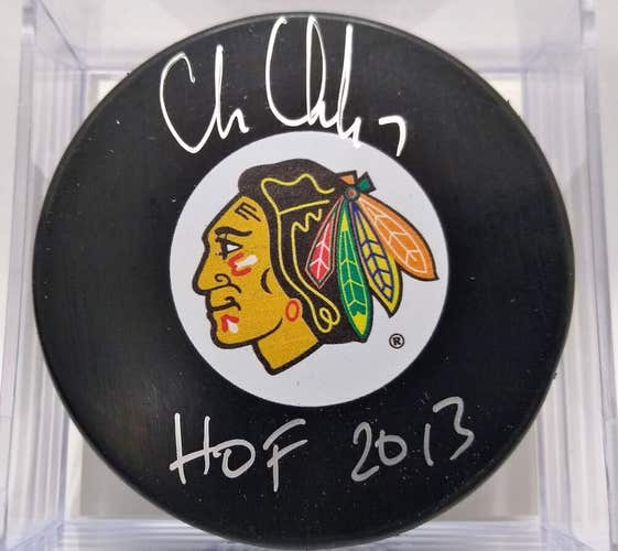 CHRIS CHELIOS Signed Chicago Blackhawks NHL Hockey Puck Autographed HOF 2013