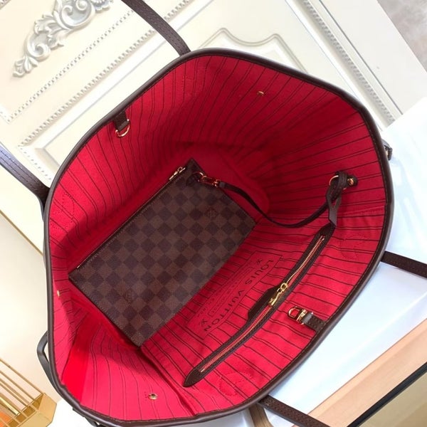 Authentic Louis Vuitton Damier Ebene Canvas Neverfull MM with Red