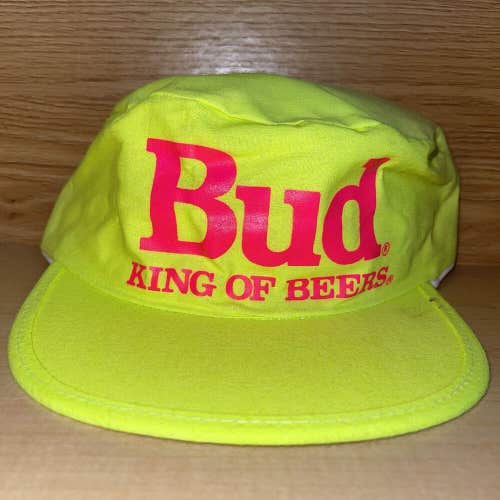 Vintage 1980s Bud King of Beers Neon Green Painter Strapback Hat USA Cap