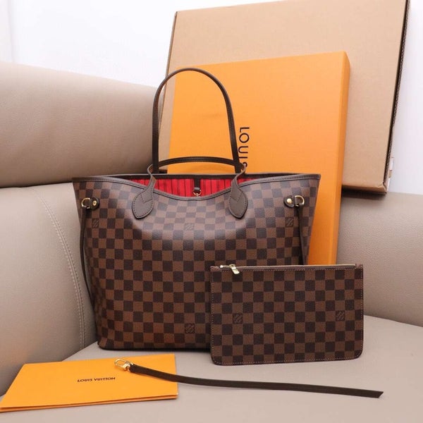 Authentic Louis Vuitton Damier Ebene Canvas Neverfull mm with Red Interior Tote Shoulder Bag