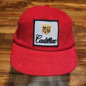 Vintage Rare Red Cadillac Logo Corduroy Trucker Rope Patch Hat Vtg Snapback
