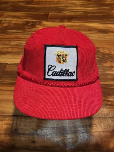 Vintage Rare Red Cadillac Logo Corduroy Trucker Rope Patch Hat Vtg Snapback