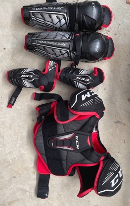 CCM Jetspeed Junior Elbow Pads, Shin Pads, and Shoulder Pads