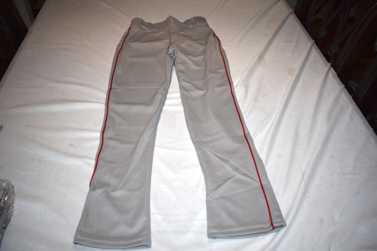 NEW - Youth Hemmed Piped Baseball Pants, Gray/Red, Youth Large
