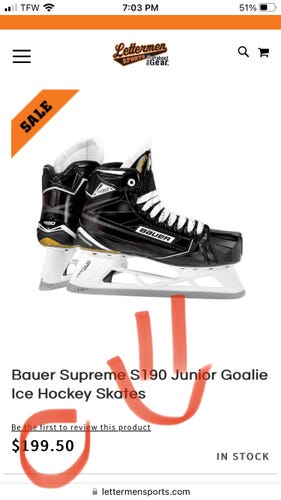 Junior Used Bauer Supreme S190 Hockey Goalie Skates Size 6