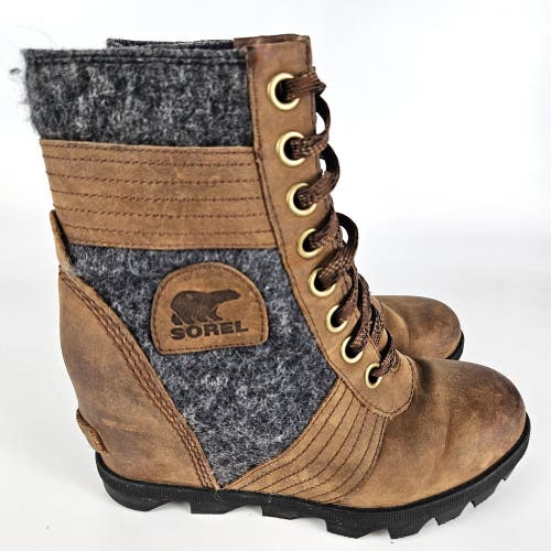 Sorel Lexie Wedge Felt Leather Boots Women's NL3376-256 Brown Size 6