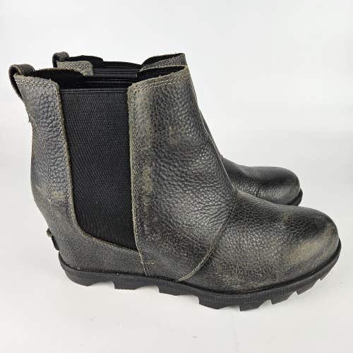 Sorel Joan of Arctic Wedge Chelsea Gray Pull On Grain Leather Ankle Booties 10