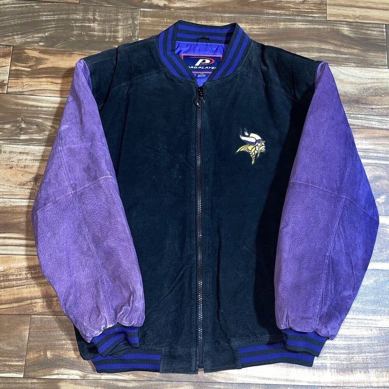 Vintage Pro Player Minnesota Vikings Leather Suede Varsity Bomber Jacket Size L