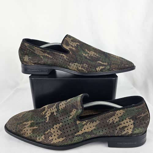 KARL LAGERFELD Paris Camouflage Camo Green Leather Perforated Loafers Size 12