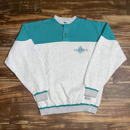 Vintage 90s Alaska Striped Button Sweatshirt Sz M Souvenir Destination Sweater