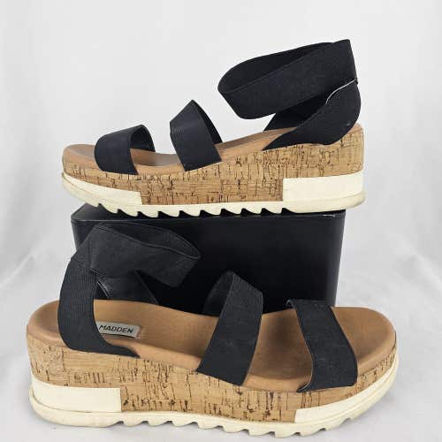 Steve Madden Bandi Elastic Cork Black Platform Wedge Sandals Women's Size 10M