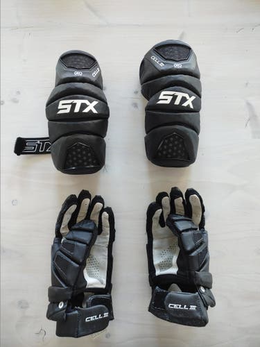 Used Player's STX Cell III Lacrosse Gloves 13" and Elbow Pads XL