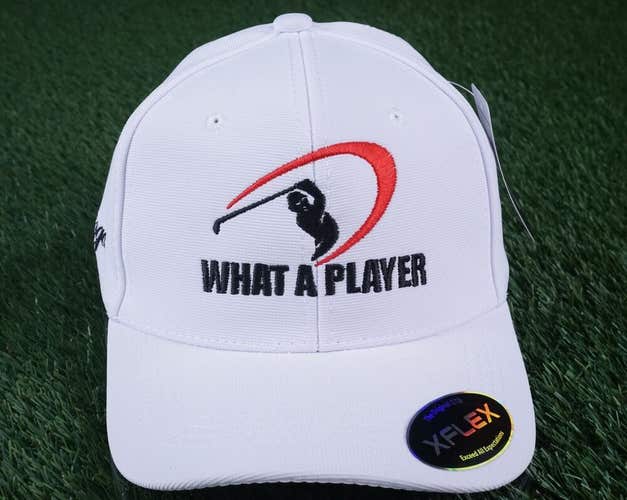 STB CAPS, XFLEX “WHAT A PLAYER” FITTED M/L GOLF GIFT HAT, MEN’S ~ WHITE W/ RED
