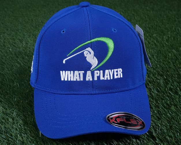 STB CAPS, XFLEX “WHAT A PLAYER” FITTED M/L GOLF GIFT HAT, MEN’S ~ BLUE W/ GREEN
