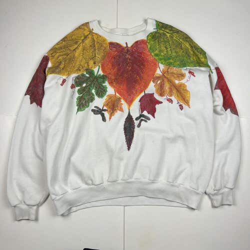 Vintage Hand Painted Fall Leaves Crewneck Sweatshirt White JERZEES 3XL
