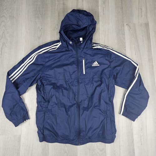 Adidas Mens 2XL Long Sleeve Zip Up Blue Nylon Windbreaker Jacket Hoodie