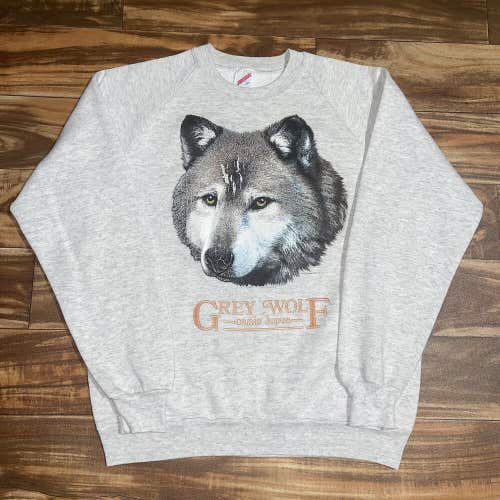 Vintage Jerzees Grey Wolf Nature Animal Sweatshirt Crewneck Size Large L
