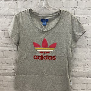 Adidas Womens Trefoil Size Large Heather Grey Pink Red Yellow Tee Shirt NWT