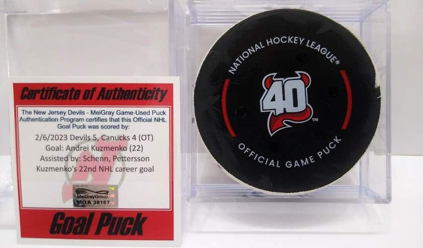 2-6-23 ANDREI KUZMENKO Canucks vs Devils NHL Game Used GOAL Puck ROOKIE YEAR