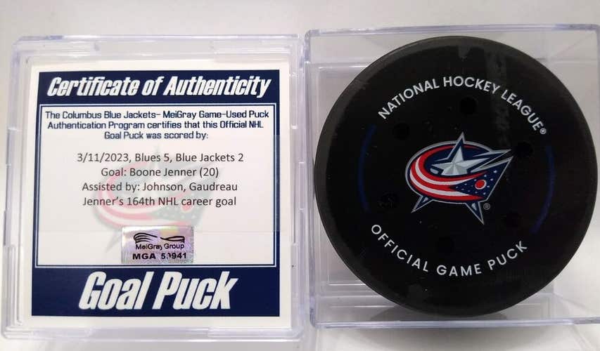 3-11-23 BOONE JENNER Blue Jackets vs Blues NHL Game Used GOAL Puck Gaudreau 666