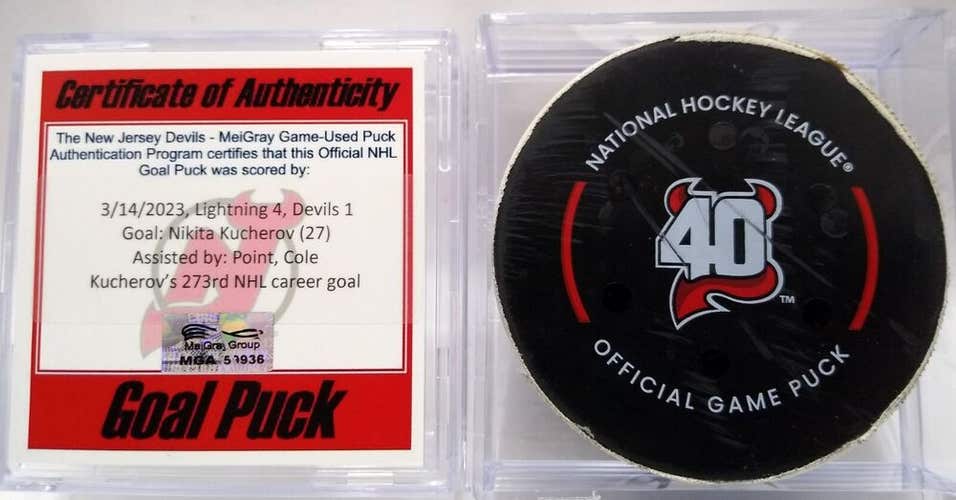 3-14-23 NIKITA KUCHEROV Lightning vs Devils NHL Game Used GOAL Puck