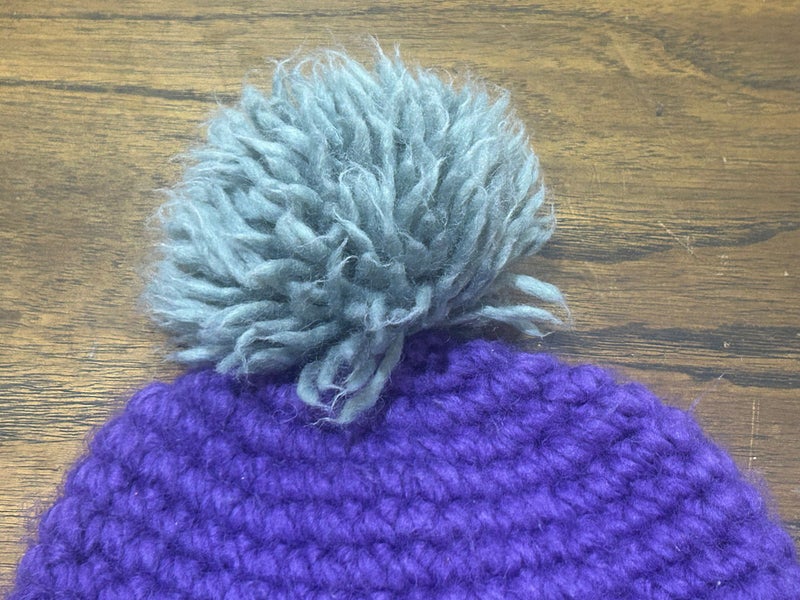 Black Diamond Brand Women's Knit Pom Beanie in Purple with Gray