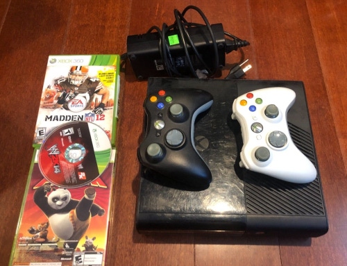 Microsoft Xbox 360 E Console w/OEM Adapter & 2 Wireless Controllers 3 Games