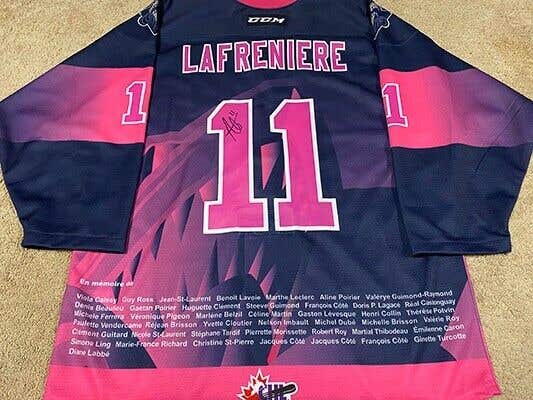 Alexis Lafreniere 17'18 Rimouski Oceanic Signed Pink the Rink Game Worn Jersey