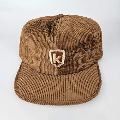 Vintage K Logo Brown Corduroy Hat Ball Cap USA Made Ear Flaps Size: M