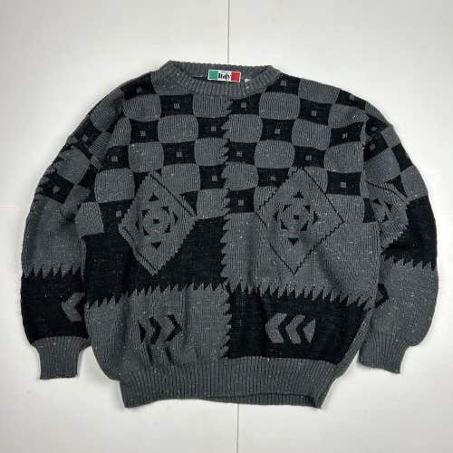 Vintage Geometric Patter Ugly Sweater Mad in Italy Crewneck Black Gray Sz XL