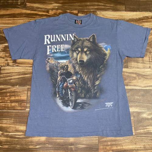 Vintage 1993 3D Emblem American Biker Wolf Runnin Free Eagle T-Shirt Size Large
