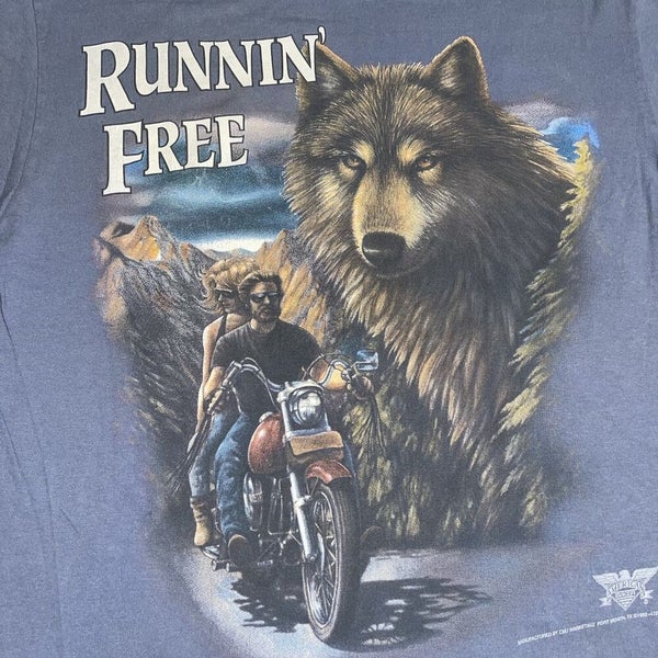 Vintage 1993 3D Emblem American Biker Wolf Runnin Free Eagle T