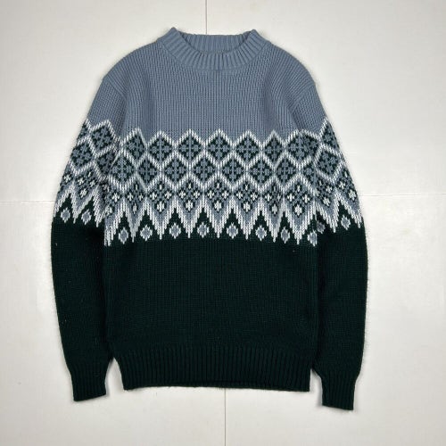 Vintage Winter Christmas Knit Sweater Gray Green Nordic Festive Kingsport Sz M