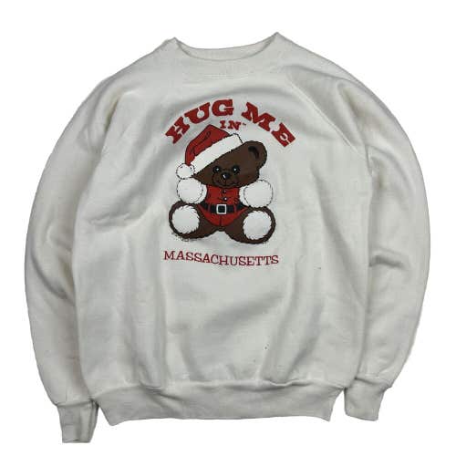 Vintage 1987 Hug Me in Massachusetts Teddy Bear Christmas Sweater White Sz L