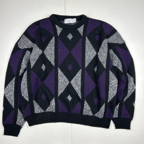 Vintage Geometric Pattern Men's Pullover Sweater Crewneck Black Purple Sears L
