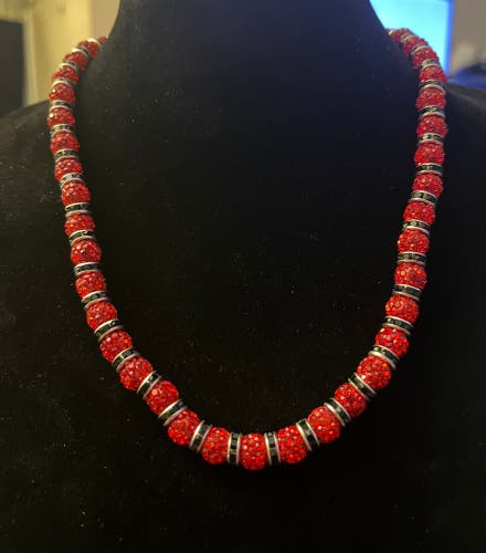 MLB type rhinestone necklace- red rhinestone beads with black spacers