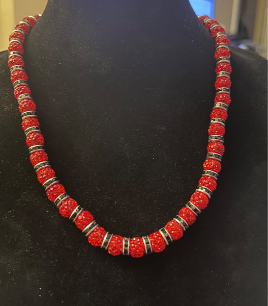 MLB type rhinestone necklace- red rhinestone beads with black spacers
