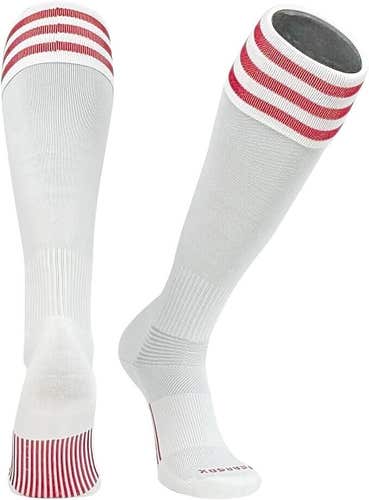 PearSox Youth Unisex Euro 3 Stripe White Red Pack of 9 Athletic Soccer Socks NWT