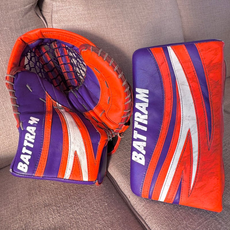 Battram Pro Goalie Glove + Blocker • Purple Orange