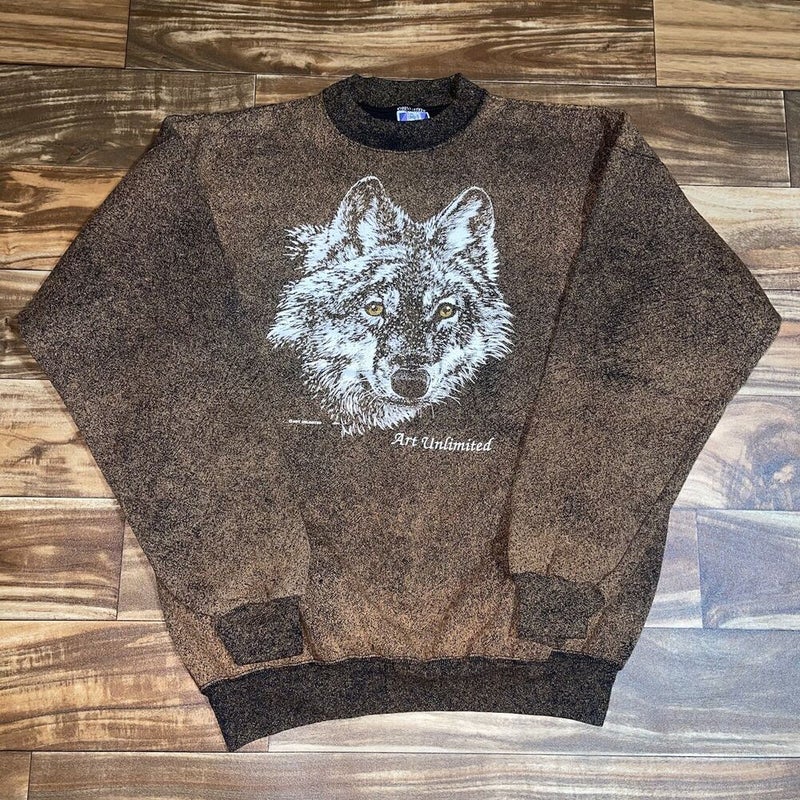 Vintage Art Unlimited Crewneck Sweatshirt Wolf Graphic All Over Print Size XL
