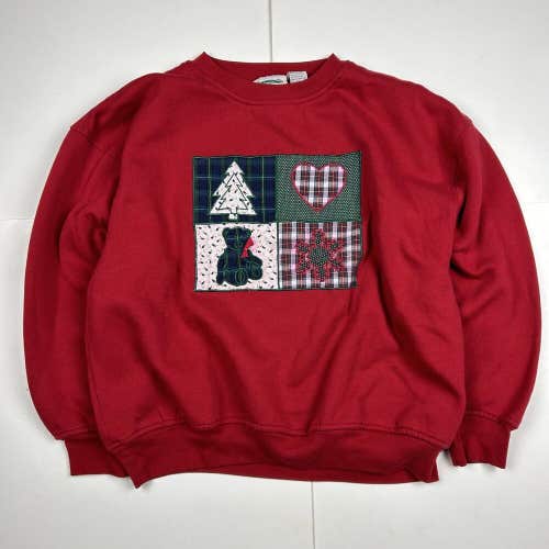 Vintage Christmas Quilt Crewneck Sweatshirt Red Tree Bear Separate Issue Sz L