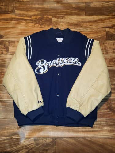 Vintage Rare Milwaukee Brewers Majestic Letterman Wool Leather MLB Jacket XL/XXL