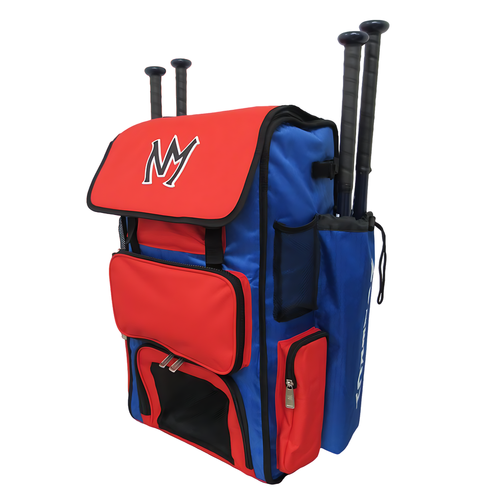 No Mercy Baseball Softball Rolling Gear Bat Bag - Wheeled - 4 Bats Blue and Red Color
