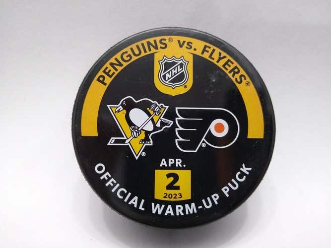 April 2nd 2023 Penguins vs Flyers Warm-Up Used Puck KRIS LETANG 1000th NHL GAME