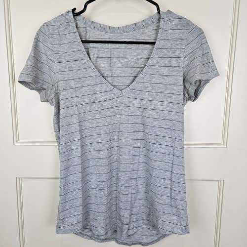 Lululemon Shirt Top Womens Size ~8 Gray Stripe Short Sleeve V-Neck Essential Tee
