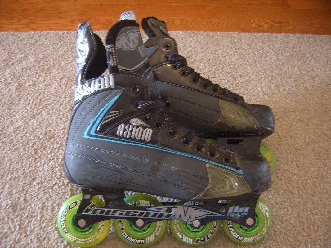 Great Condition Mission Axiom A4 Inline Hockey Skates sz 10E w/Indoor Clinger Wheels