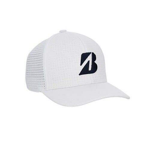Bridgestone Tour B DAY Fitted Golf Hat - Classic White Golf Hat - NAVY BLUE Logo