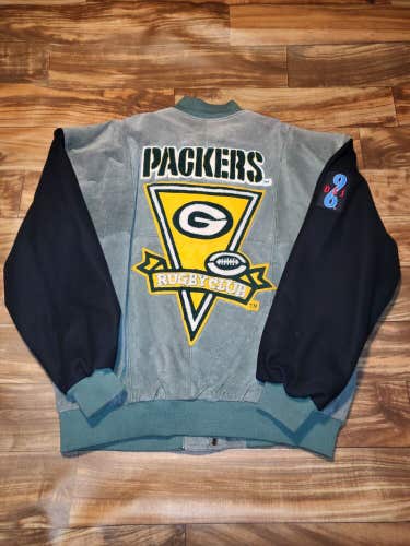 Vintage Rare Green Bay Packers Rugby Club Sports Leather Wool NFL Jacket Sz XXL