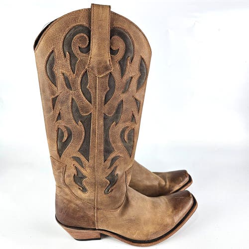 Botas Caborca Women's Brown Inlay Leather Boots Western Cowgirl Ladies Size : 10